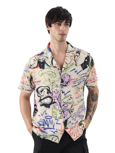 The Souled Store Official Popeye: Graffiti Men And Boys Short Sleeves Collared Neck Button Front Multicolor All Over Printed Ray