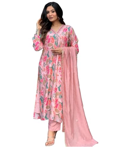 GoSriKi Womens Rayon Blend Printed Straight Kurta with Pant & Dupatta (Maslin-Multi-GS_L_Peach_Large)
