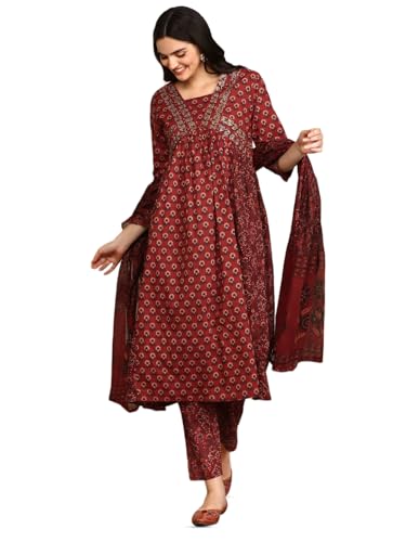 Ishin Women Red Cotton Kurta Sets With Dupatta