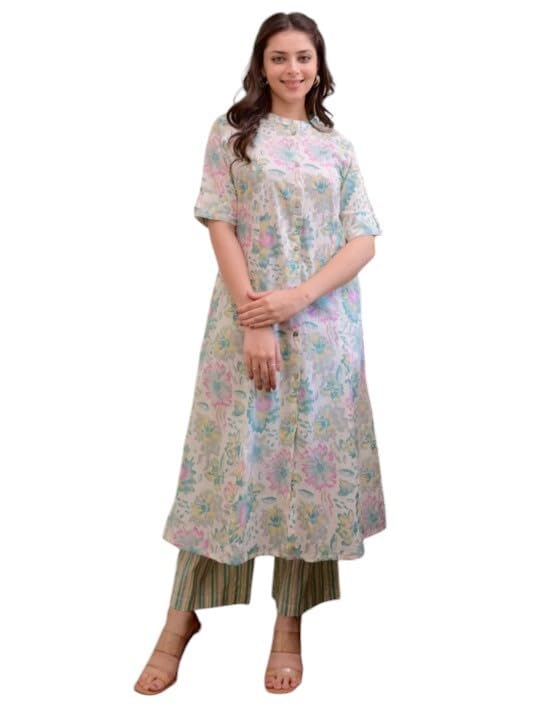 Shiv Textiles WomenS Cotton Printed A-Line Kurta With Pant Set | Kurta Sets For Women | Comfortable & Stylish.(Kp-301-Offwhite-