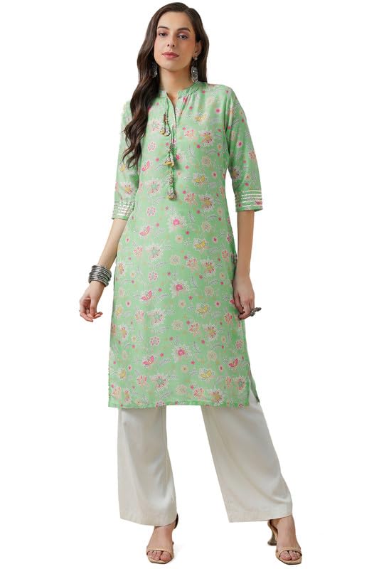 Soch Womens Sap Green Muslin Blend Floral Print Kurta With Tassels