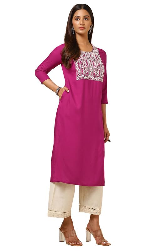 Soch Womens Magenta Rayon Embroidered Kurta with Sequins