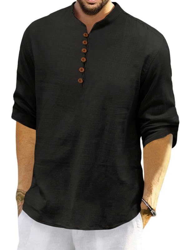 Macsivo MenS Cotton Blend Short Kurta With Solid Mandarin Collared Full Sleeve Curved Hem Length | Kurta For Men Stylish Black