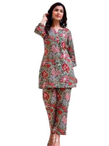 DHRUVI TRENDZ Regular Fit Formal Floral Printed Rayon Western Co-ord Set for Women(Available in 2XL and 3XL) (DT-W1731&TR822_Gre