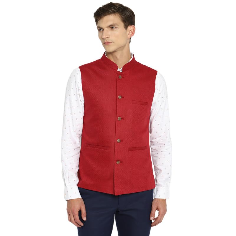 Turtle Men Poly-Cotton Red Self Design Slim Fit Formal Nehru Jacket