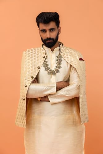 Kisah Men Gold-Toned Woven Design Nehru Jacket Ethnic Festive Waistcoat Cotton, Regular Fit