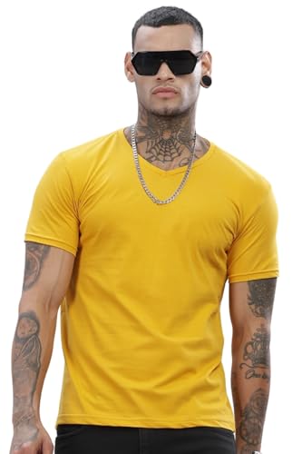 ADRO Mens V Neck Solid Cotton T-Shirt (VN-M-PLN-MU_Mustard_XL)