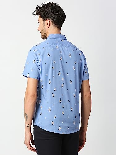 Thomas Scott Mens Printed Slim Fit 100% Cotton Casual Shirt with Spread Collar and Half Sleeve Blue