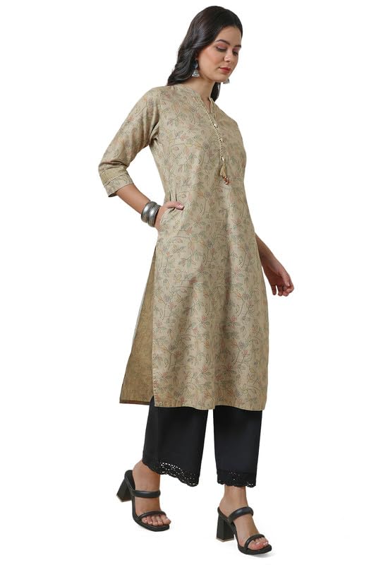 Soch Womens Beige Botanical Linen Blend Kurta with Tassels