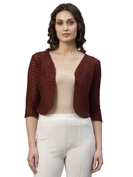 Style Quotient Women Maroon Cotton self Design lace Crop Open Front Shrug