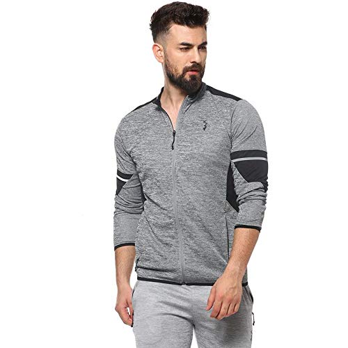 Campus Sutra Mens Grey & Black Colour-Blocked Dri-Fit Activewear Jacket Regular Fit for Casual Wear | Structured Jacket Crafted