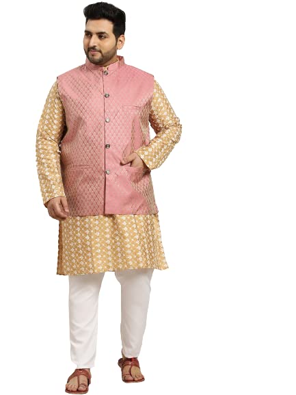 SOJANYA (Since 1958 Men's Silk Blend Dark Gold Embroidered Kurta & Self Design Nehru Jacket with White Churidar Set Size-5XL