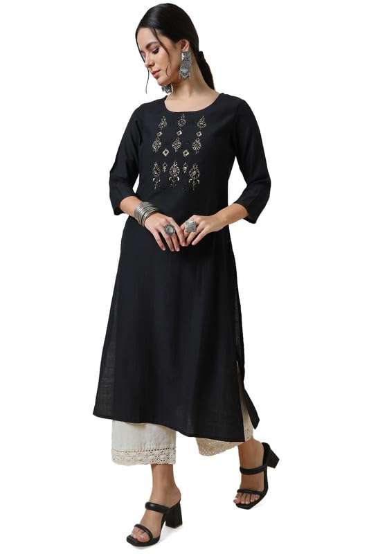 Soch Womens Black Viscose Blend Yoke Embroidered Kurta with Beads