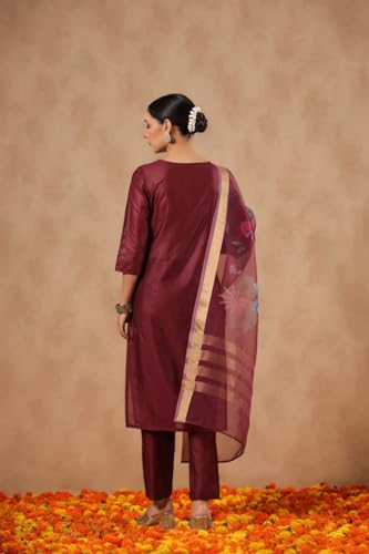ishin Women's Poly Silk Yoke Design Zari Wine Straight Kurta Suit Set with Trousers and Dupatta