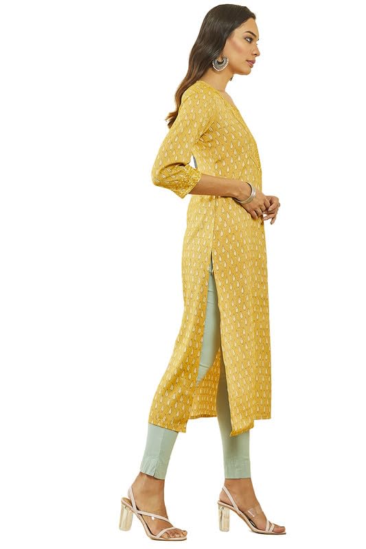 Soch Womens Rayon Leaf Print Round-Neck Straight Kurta with Pocket