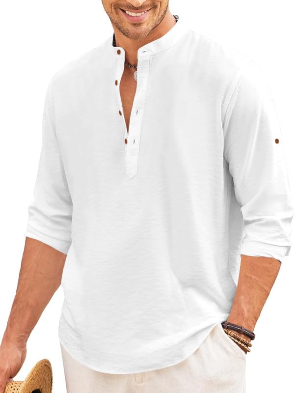 Macsivo MenS Casual Cotton Polyester Blend Long Sleeve Henley Short Kurta | Lightweight Summer Kurta White