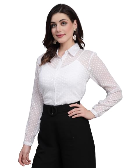 Style Quotient Women White Self Design Swiss Dot Polyester Smart Casual Shirt