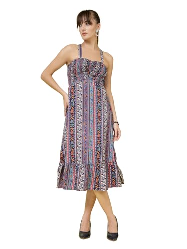 OOMPH! Womens Western & Fusion wear Printed Crepe Dress for Women, Smocked Bodice, Black - md1030