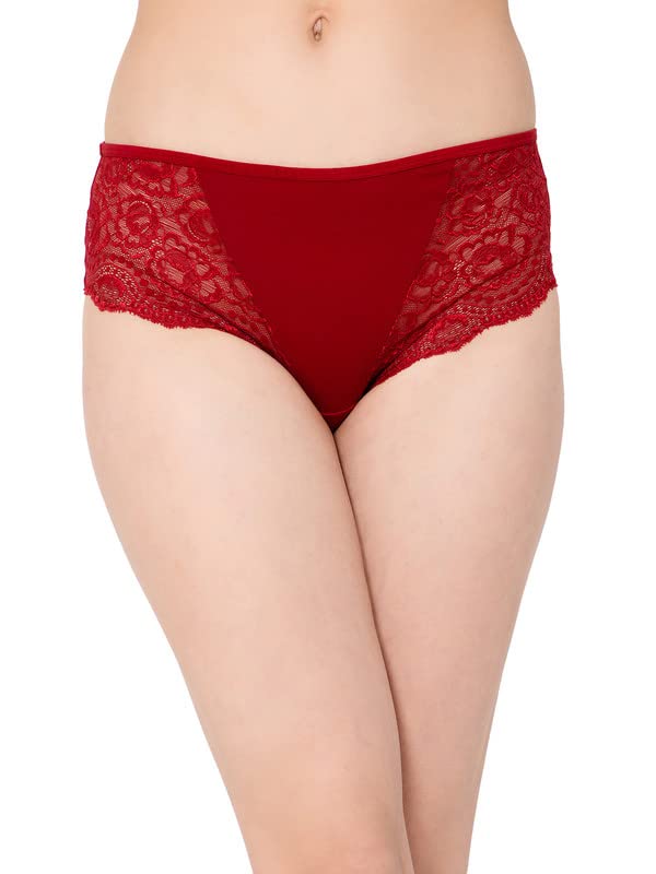 Clovia Womens Cotton Mid Waist Hipster Panty with Lace Panels (PN2587A09_Maroon_XXL)