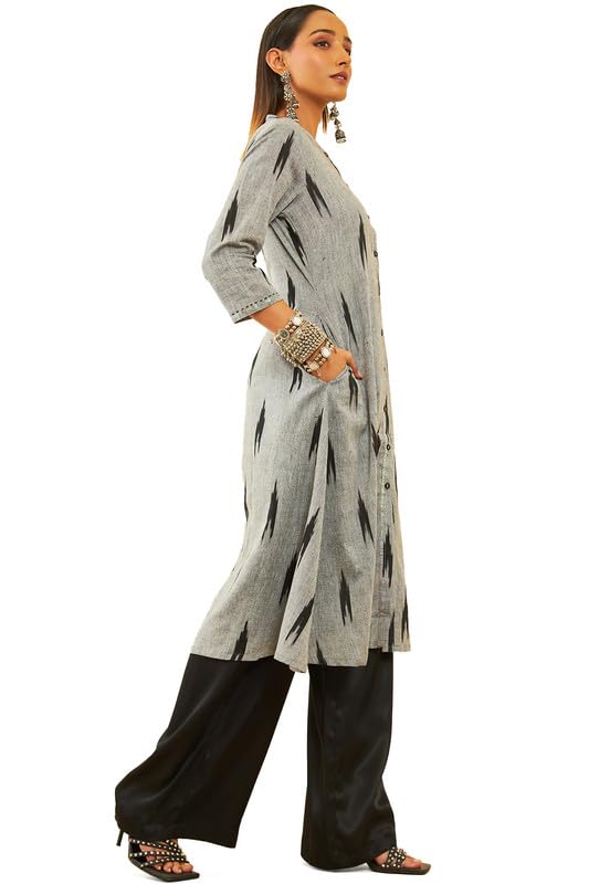 Soch Womens Grey Cotton Ikat Printed Straight Kurta With Sequins