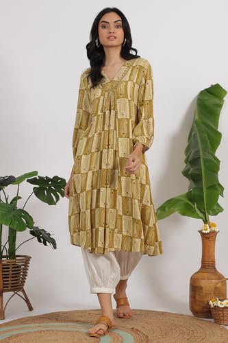 W for Woman Paisley Printed Cotton Crepe Gathe Kurta with Mirror Embroidery