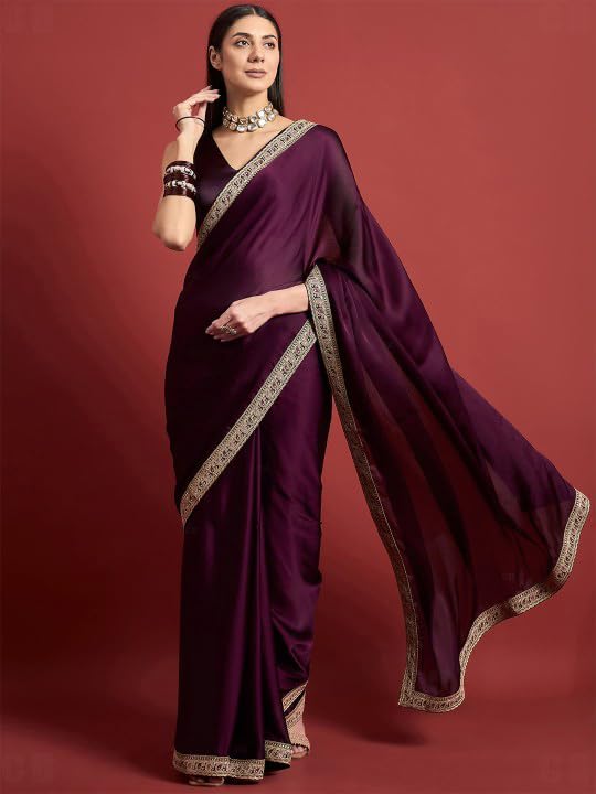 Cb-Colebrook Women'S Soft Satin Saree With Embroidered Sequin Border With Blouse Piece, Traditional Indian Ethnic Wear, Party, W