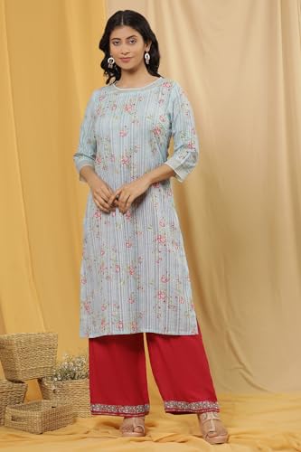 W for Woman W Women Blue Festive Floral Print Cotton Kurta Set With Parallel Pant