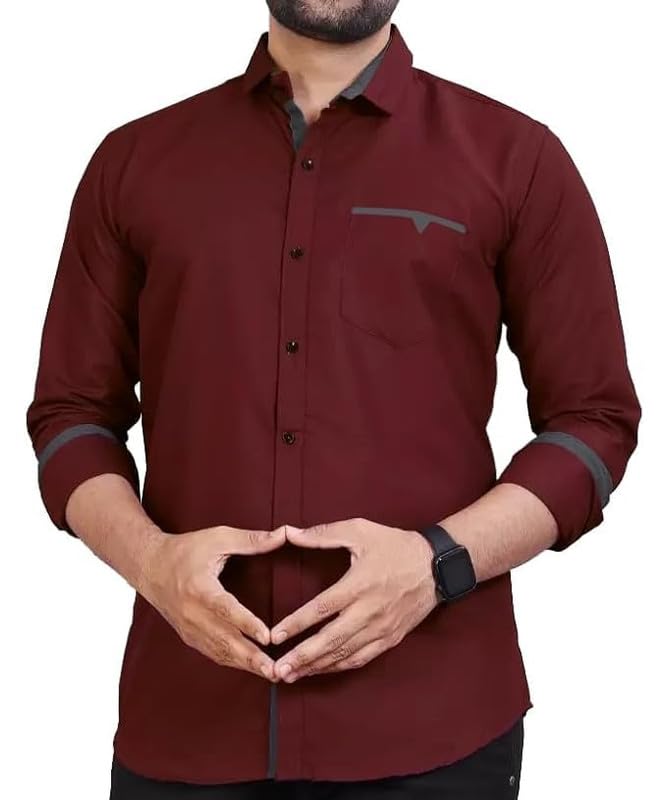 Tee Projekt Mens Regular Fit Solid Soft Touch Cotton Casual Shirt with Pocket Design with Spread Collar & Full Sleeves. Maroon