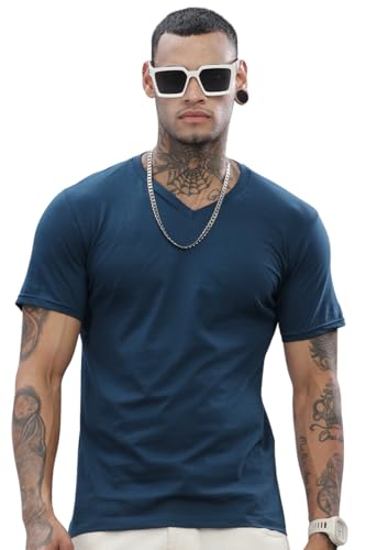 ADRO Mens V Neck Solid Cotton T-Shirt (VN-M-PLN-SB_Teal_XL)