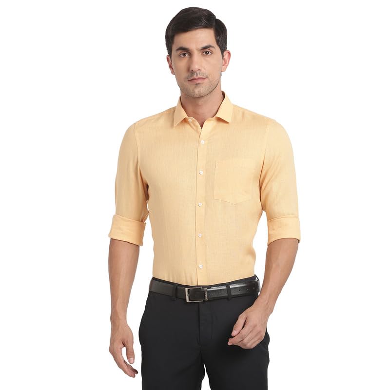 Turtle Men Pure Linen Yellow Solid Slim Fit Formal Shirts