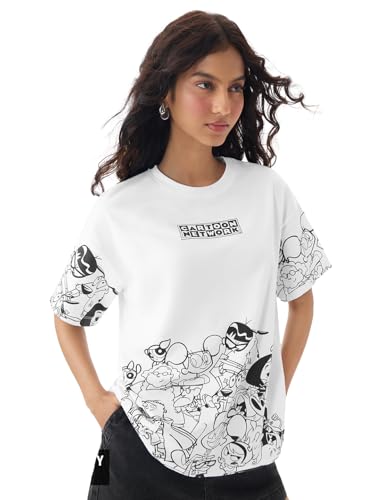 The Souled Store Cartoon Network: 90s Fave Women and Girls Short Sleeves Round Neck White Graphic Printed Cotton Lightweight Ev