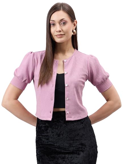 Style Quotient Women Solid Dusty Rose Polyknit Casual Open Front Shrug