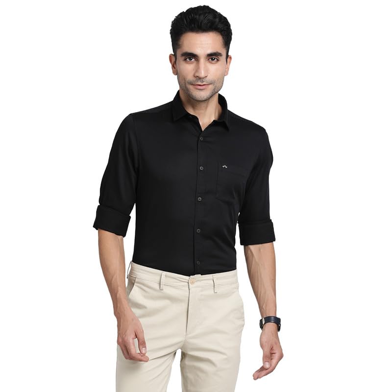 Turtle Men Cotton Stretch Black Solid Slim Fit Casual Shirts