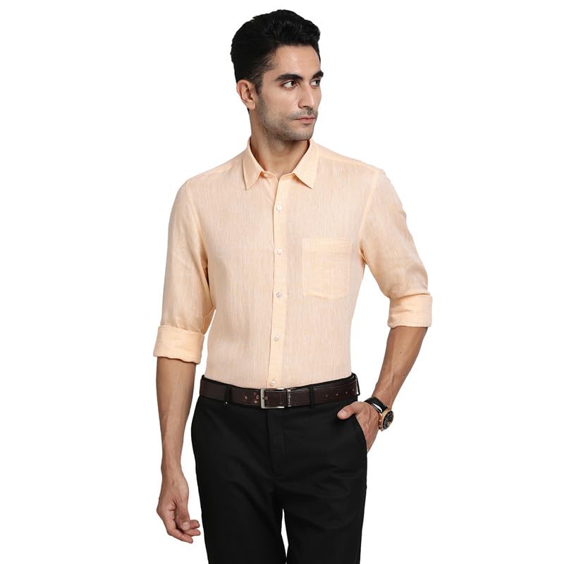 Turtle Men Pure Linen Peach Solid Slim Fit Formal Shirts