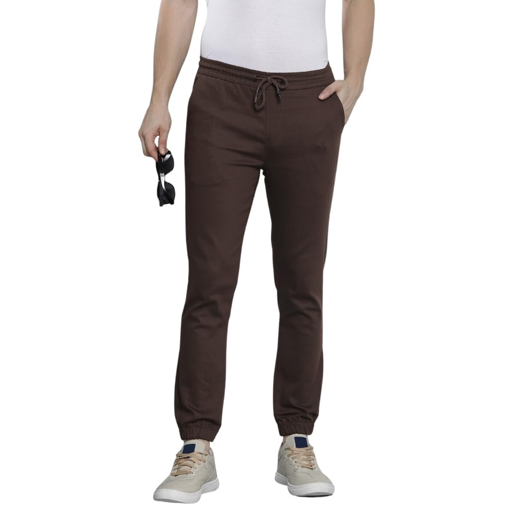 The Indian Garage Co Men Slim Fit Solid Mid-Rise Stretchable Chino Joggers Seal Brown