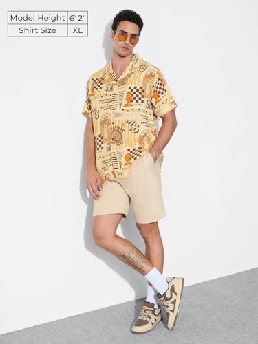 The Souled Store Garfield: All Star Men and Boys Short Sleeves Collared Neck Button Front Yellow All Over Printed Regular Fit Ra