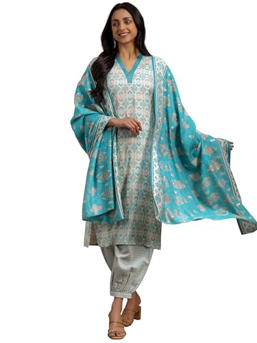 Libas Womens Printed Silk Blend Straight Kurta With Salwar And Dupatta