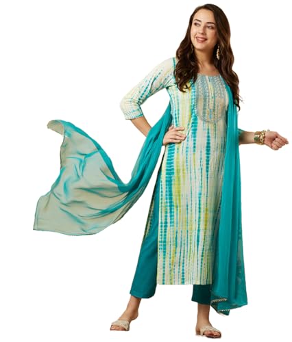GoSriKi Womens Rayon Blend Straight Printed Kurta with Pant & Dupatta (Tiedye-RAMA Blue-NE-GS_L_Blue_Large)