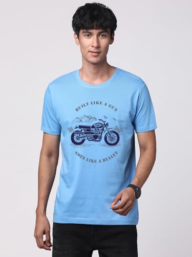 ADRO Men's Royal Bike Design Printed 100% Cotton T-Shirt - Regular Fit, Printed T-Shirts for Men (RN24-RYL-SK_Sky Blue)