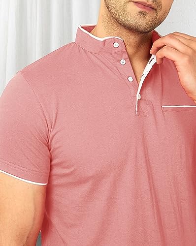 EYEBOGLER Cotton Blend Henley Neck Half Sleeve Solid Men Tshirt Peach White