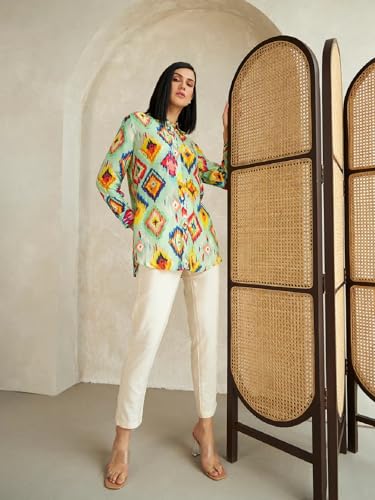 Leriya Fashion Womens Rayon Ikat Printed Casual Shirt Tops for Women Long Cuff Sleeves Collared Neck Button Down Tunic for Outi