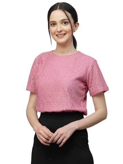 Style Quotient Women Pink Self Design Cotton Lace Regular Smart Casual Tops