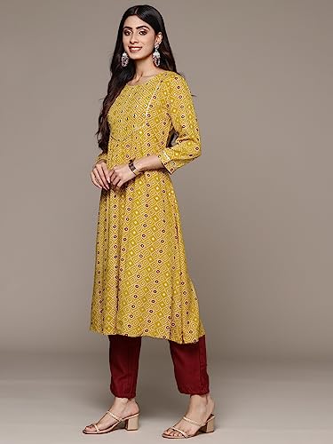 ishin Women's Viscose Rayon Embellished Mustard A-Line Kurta