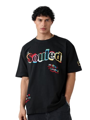 The Souled Store Oversized T-Shirt: Colour-Stroke Men and Boys Short Sleeves Round Neck Black Embroidered Cotton Oversized T-Shi