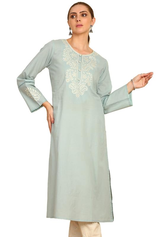 Soch Womens Powder Blue Solid with Yoke Embroidered Cotton Kurta with Lace