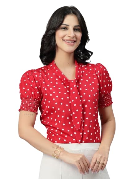 Style Quotient Women Polka Printed Red White Polycrepe Semi Formal Top