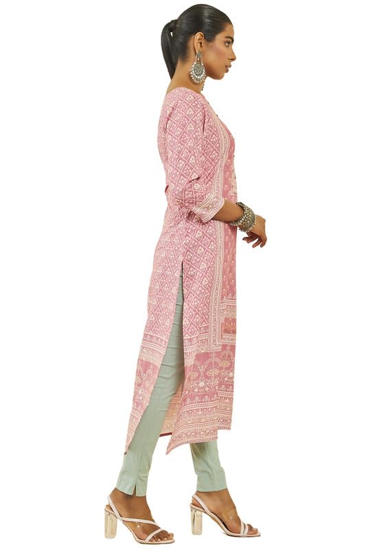 Soch Womens Pink Muslin Botanical Print Kurta with Beadwork Details