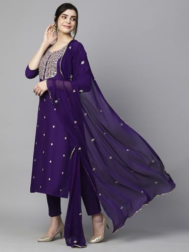 GoSriKi Womens Cotton Blend Embroidered Straight Kurta with Pant & Dupatta (Kasturi Begani-NGT-GS_L_Blue_Large)