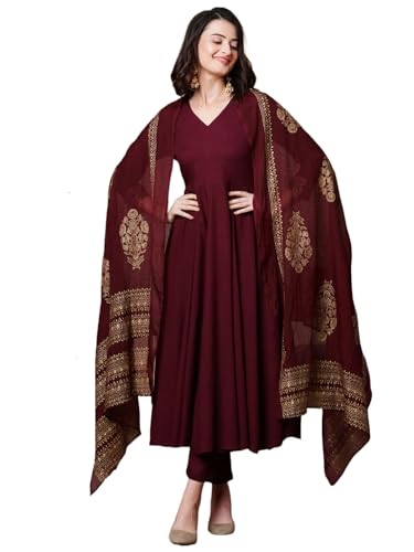 GoSriKi Womens Rayon Blend Solid Anarkali Kurta with Pant & Dupatta (Magic-Wine-NDM-GS_M_Wine_Medium)