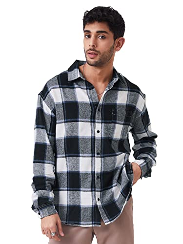 The Souled Store Plaids: Black, White Men And Boys Long Sleeves Collared Neck Button Front Cotton Relaxed Shirts